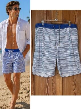 Johnnie-O Andros Blue Wavy Stripe Swim Trunks Half Elastic Coastal Resort~L💛🍄